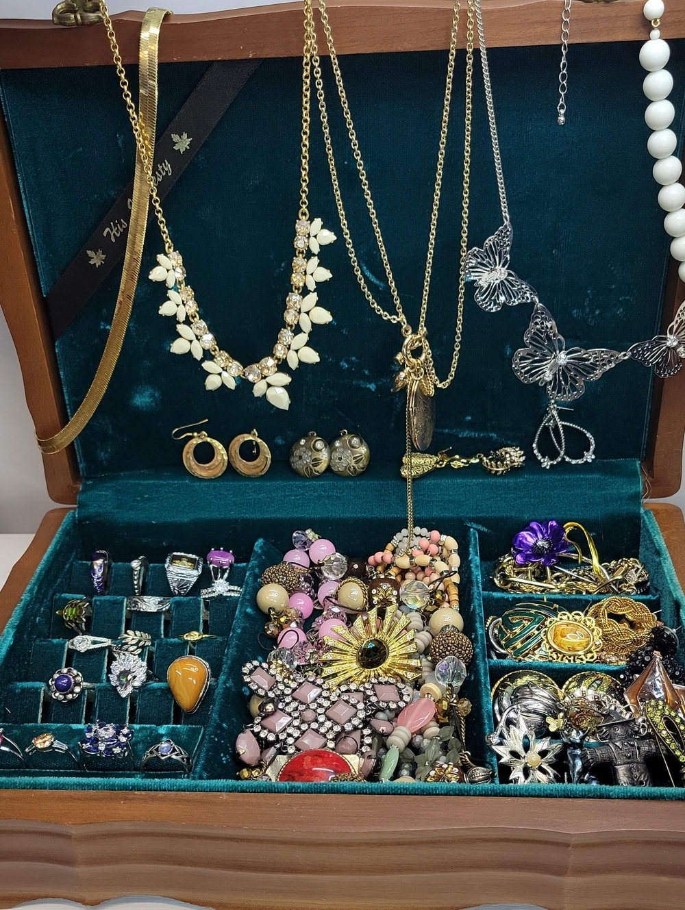 Vintage Wooden Jewelry Box Filled With Jewelry